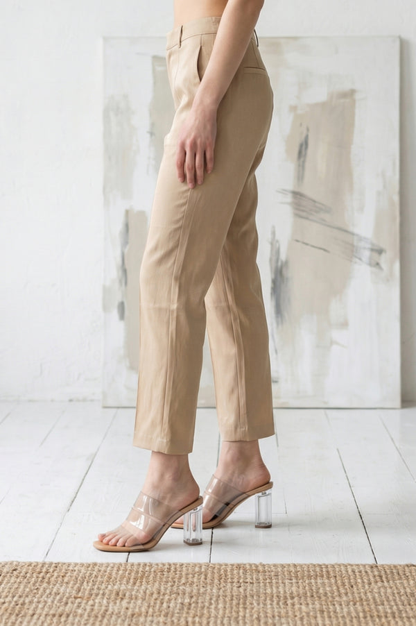 Light Gold Solid Pintucks Straight Fit Ankle Length Trousers