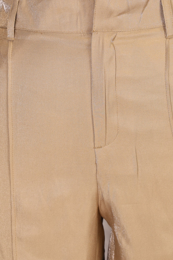 Light Gold Solid Pintucks Straight Fit Ankle Length Trousers