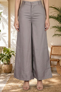 Grey Solid Satin Wide Leg Trousers