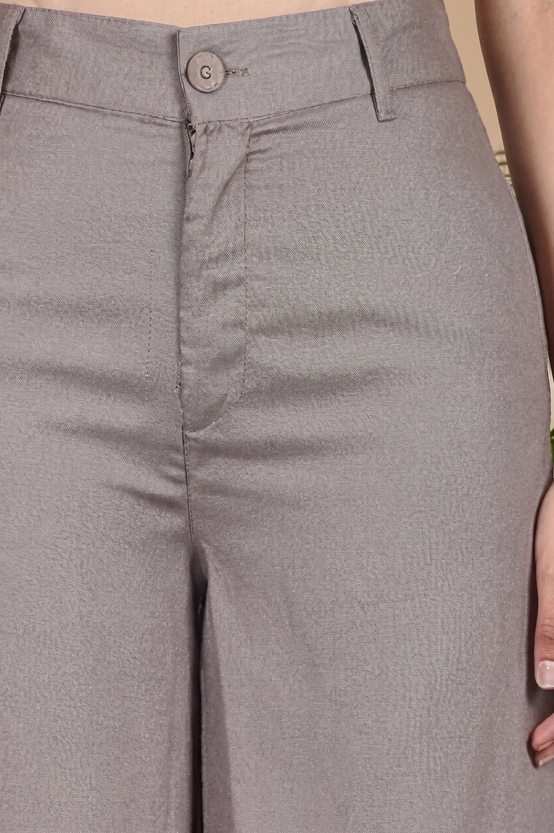 Grey Solid Satin Wide Leg Trousers