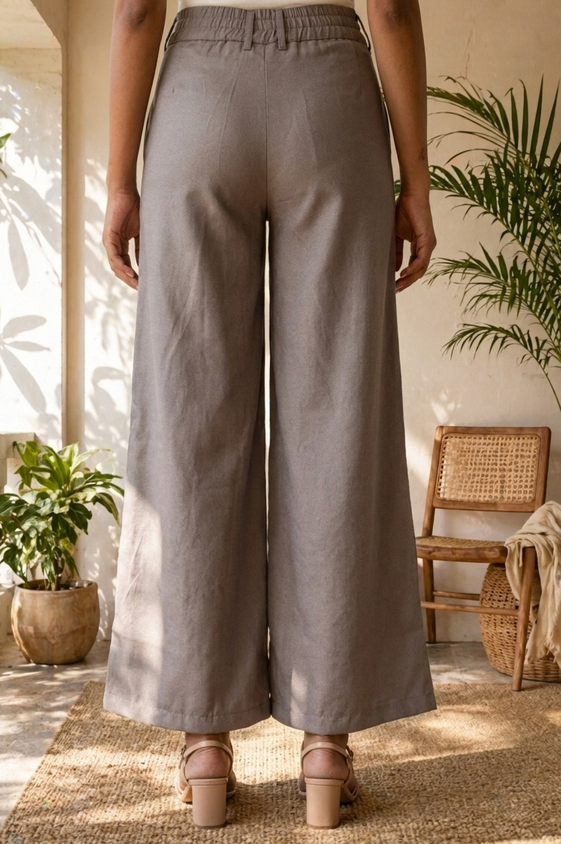 Grey Solid Satin Wide Leg Trousers