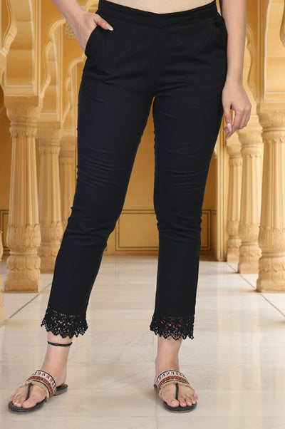 Black Solid Lace Trim Tapered Cotton Pant