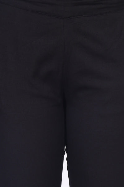 Black Solid Lace Trim Tapered Cotton Pant