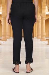 Black Solid Lace Trim Tapered Cotton Pant
