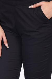 Black Solid Lace Trim Tapered Cotton Pant