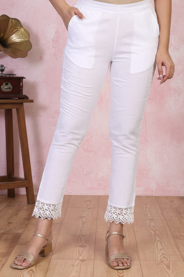 Elleven Women's White Lace Trim Slim-Fit Cotton Pant
