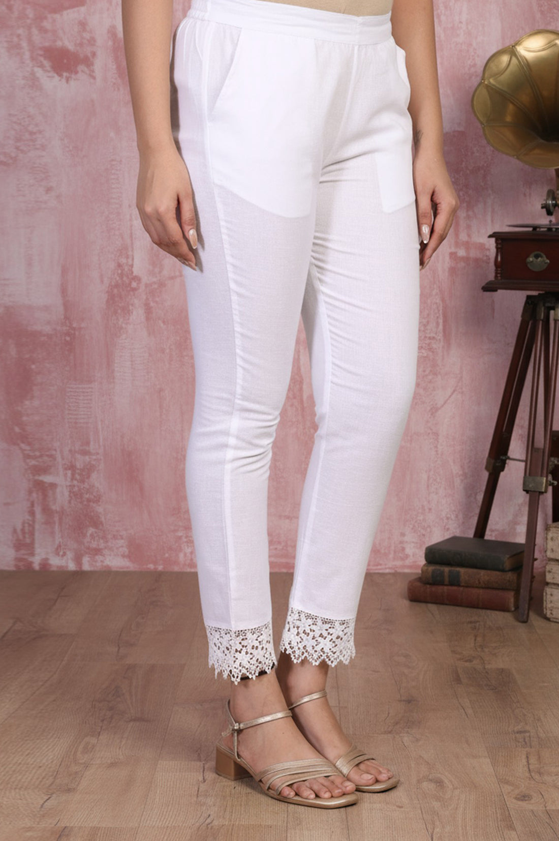 White Lace Trim Slim-Fit Cotton Pant