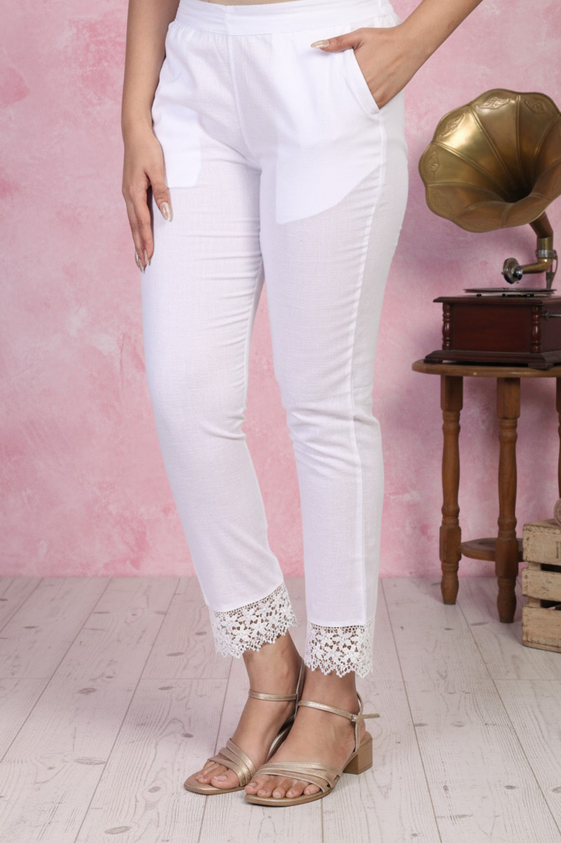 White Lace Trim Slim-Fit Cotton Pant