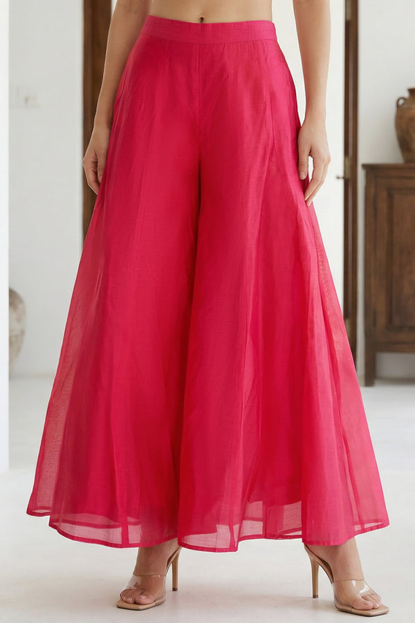 Elleven Women's Fuchsia Solid Chanderi Wide Leg Flared Ankle Length Culottes