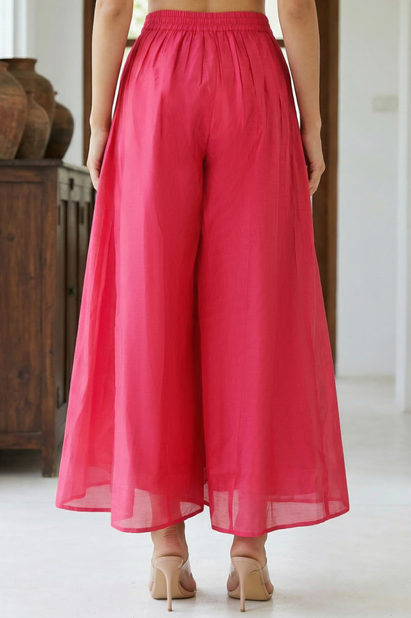 Elleven Women's Fuchsia Solid Chanderi Wide Leg Flared Ankle Length Culottes