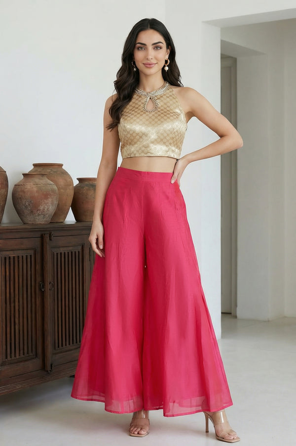 Elleven Women's Fuchsia Solid Chanderi Wide Leg Flared Ankle Length Culottes