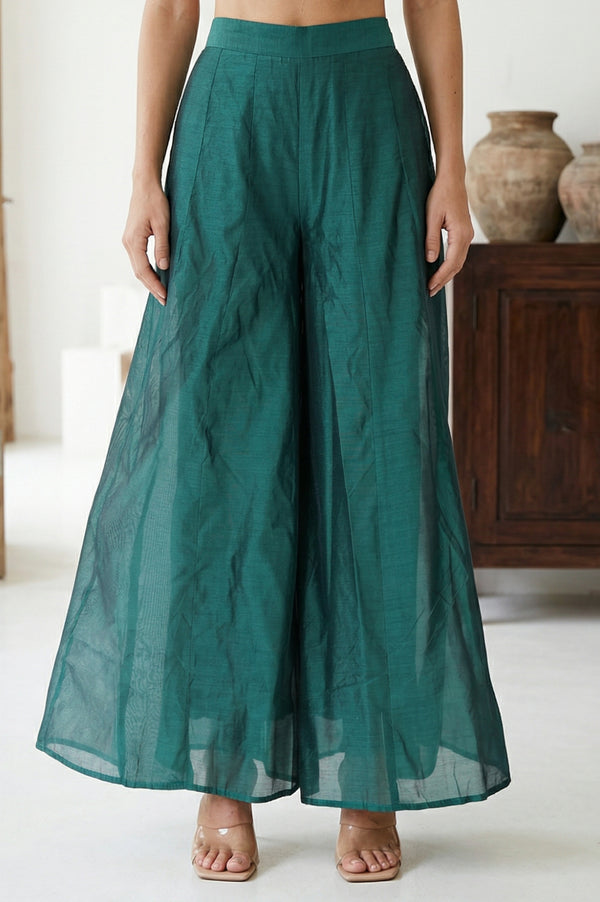 Elleven Women's Green Solid Chanderi Wide Leg Flared Ankle Length Culottes