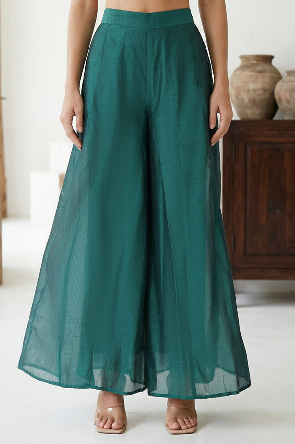 Elleven Women's Green Solid Chanderi Wide Leg Flared Ankle Length Culottes
