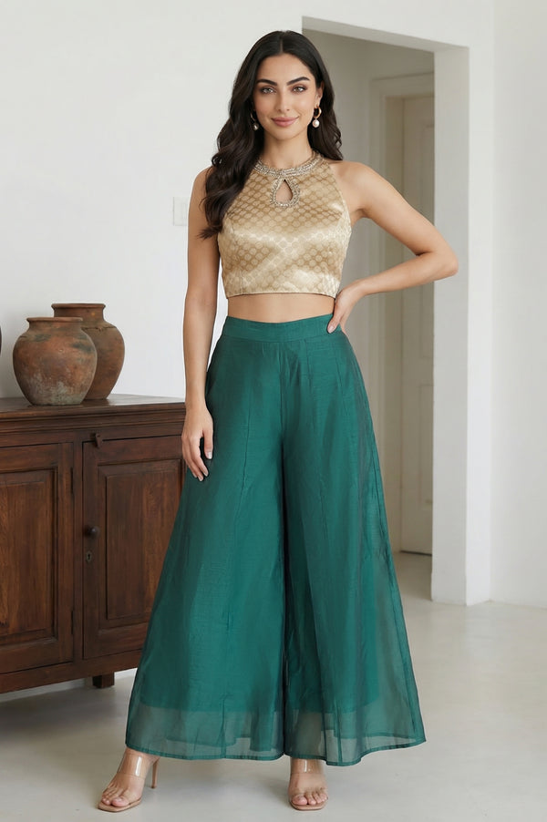 Elleven Women's Green Solid Chanderi Wide Leg Flared Ankle Length Culottes