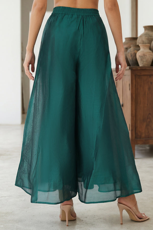 Elleven Women's Green Solid Chanderi Wide Leg Flared Ankle Length Culottes