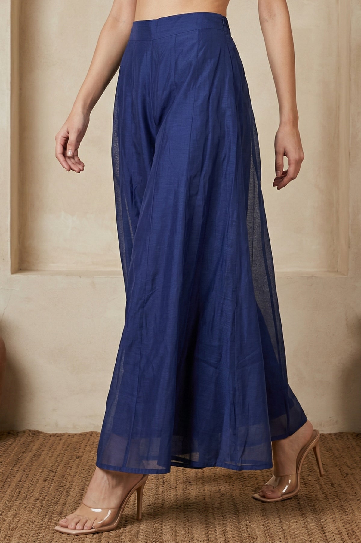 Elleven Women's Navy Blue Solid Chanderi Flared Ankle Length Cullotes - S