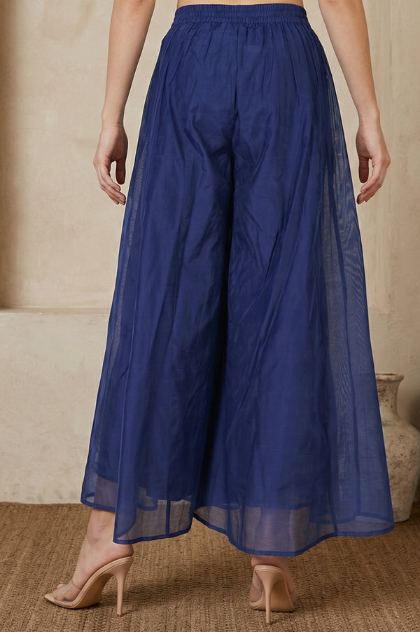 Elleven Women's Navy Blue Solid Chanderi Flared Ankle Length Cullotes