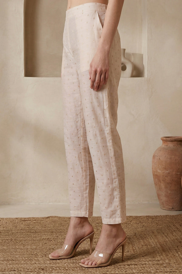 Elleven Women's Cream Solid Chanderi Ankle Length Straight Pants