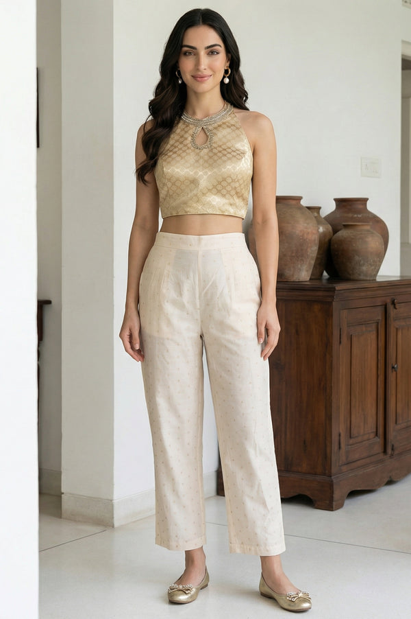 Elleven Women's Cream Solid Chanderi Ankle Length Straight Pants