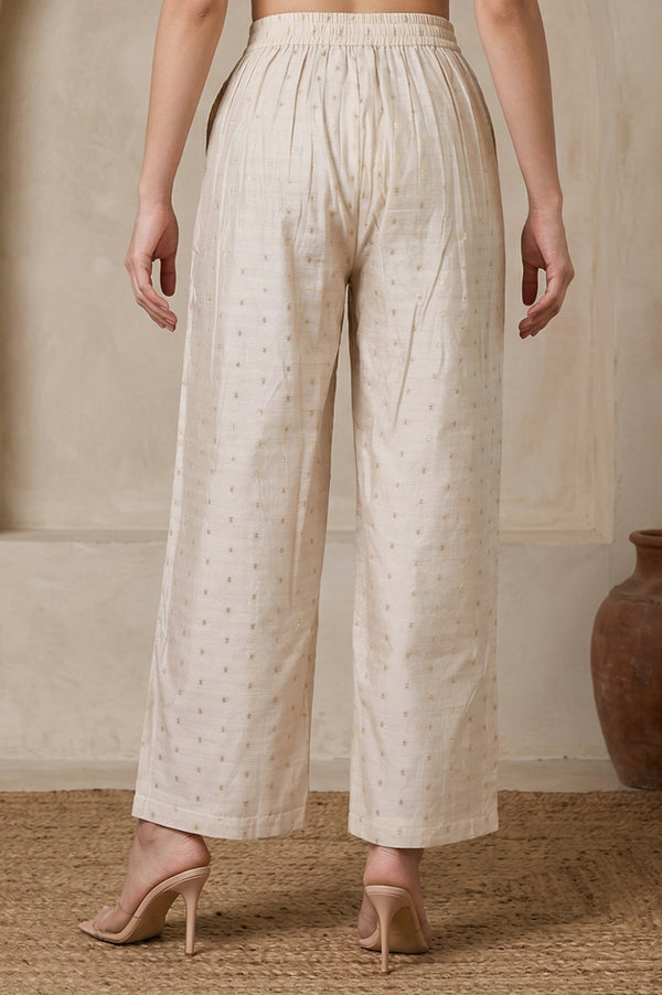 Elleven Women's Cream Solid Chanderi Ankle Length Straight Pants