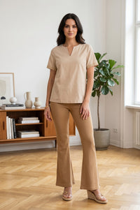 Beige High Rise Slim Fit Bell-Bottom Leggings