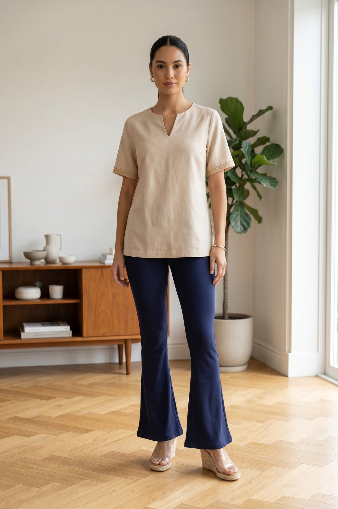 Navy Blue Pure Cotton Slim Fit Bell-Bottom Leggings