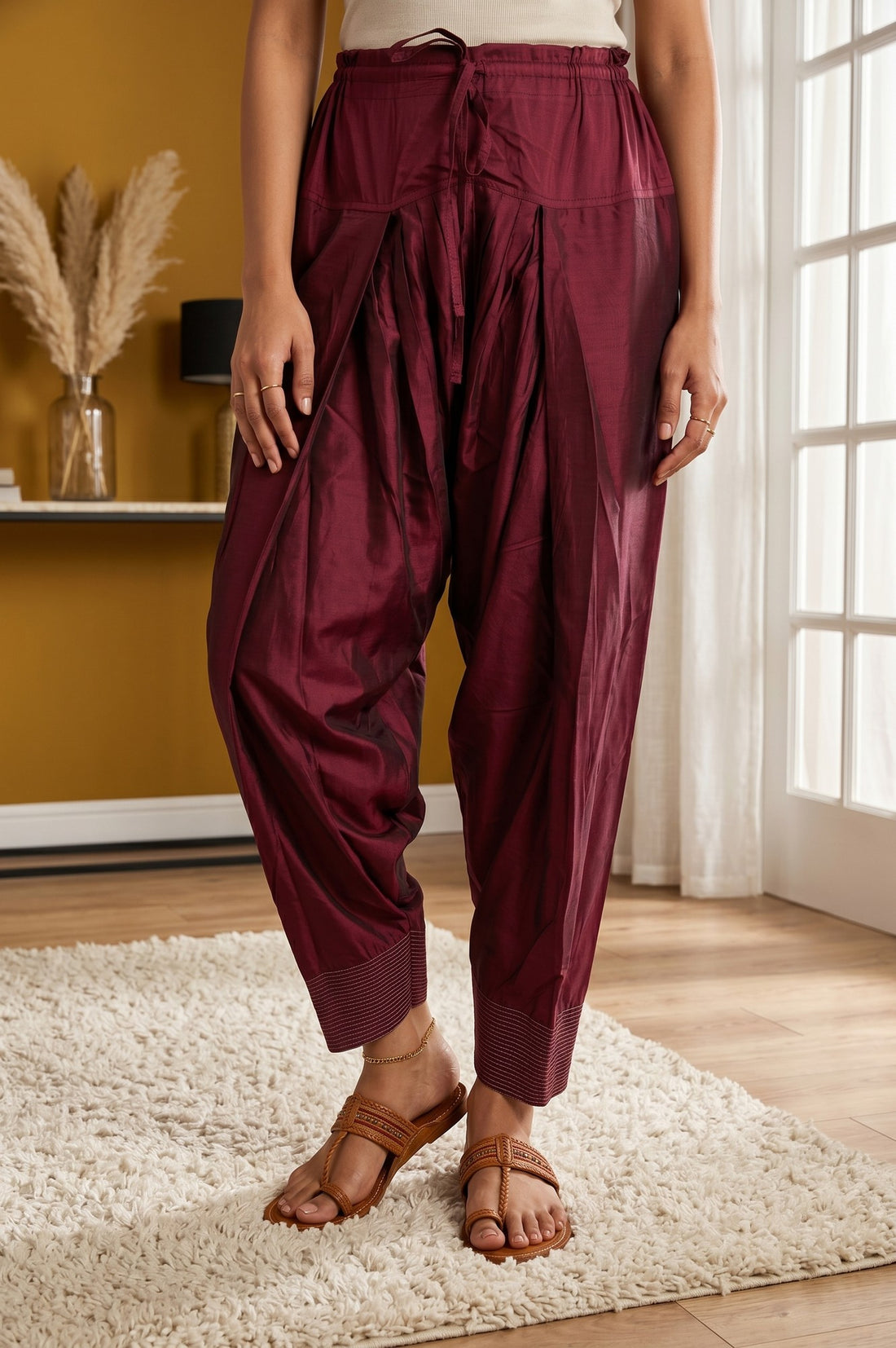 Maroon Solid Cotton Flax Patiala Salwar