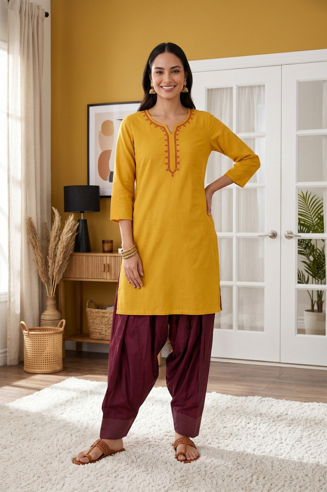 Maroon Solid Cotton Flax Patiala Salwar
