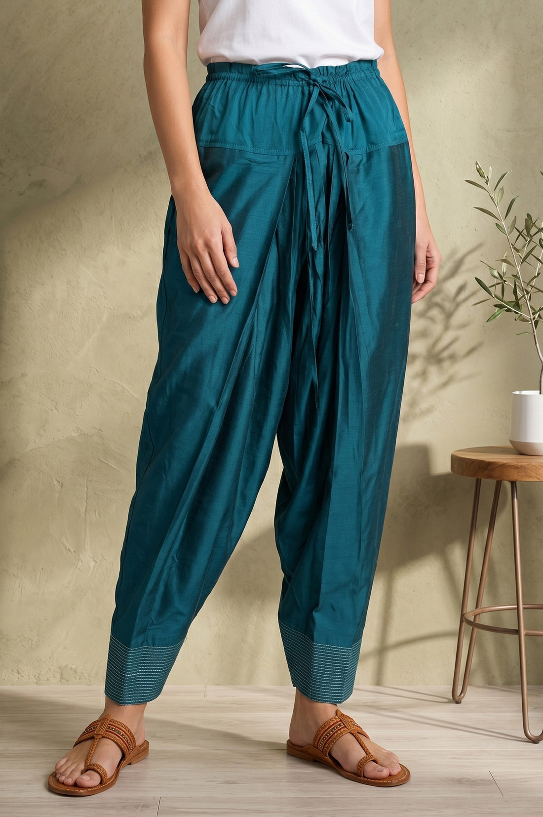 Teal Solid Cotton Flax Patiala Salwar
