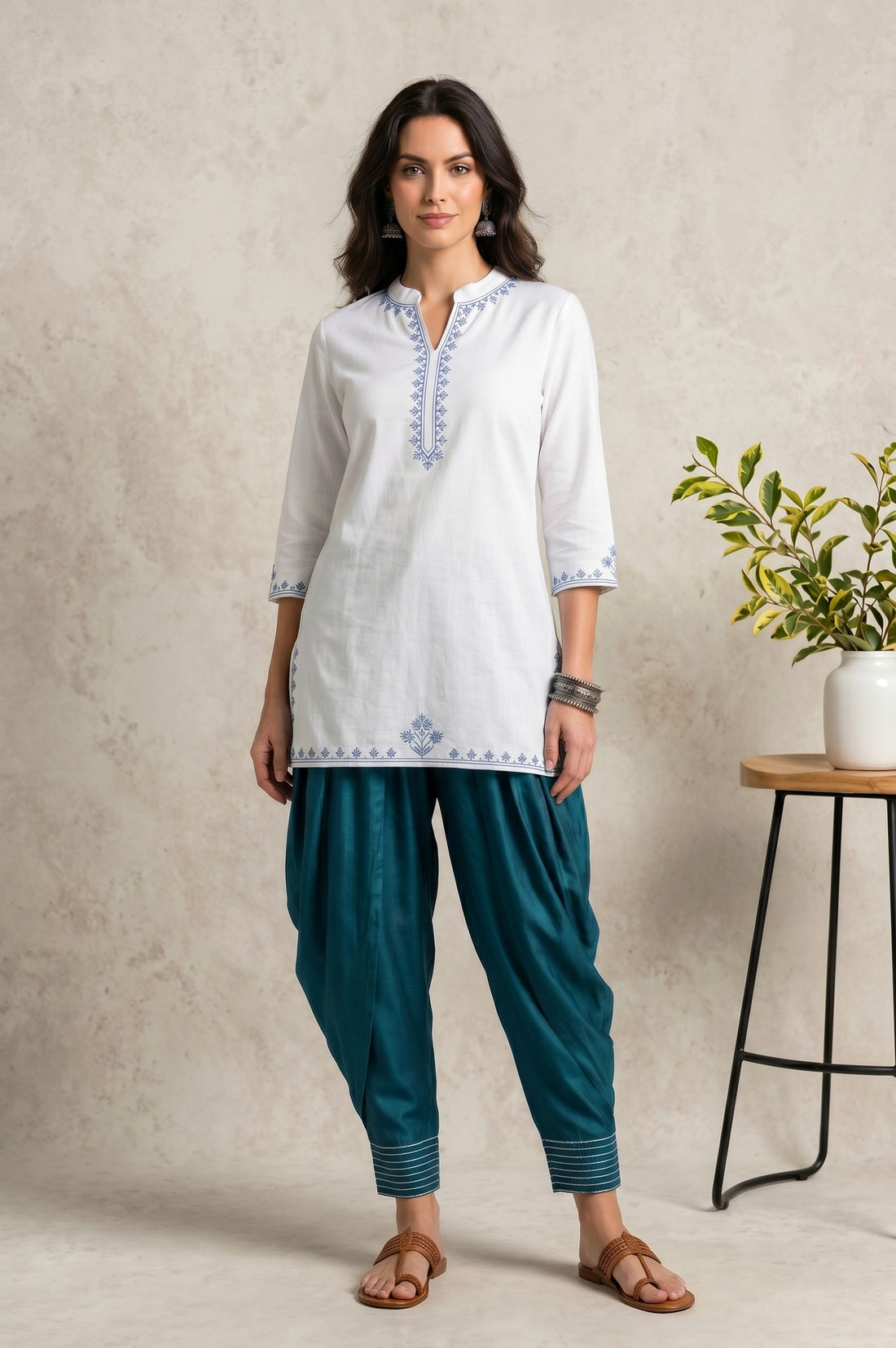 Teal Solid Cotton Flax Patiala Salwar
