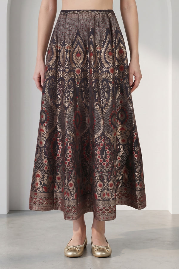 Black Jacquard Zari Flared Skirt