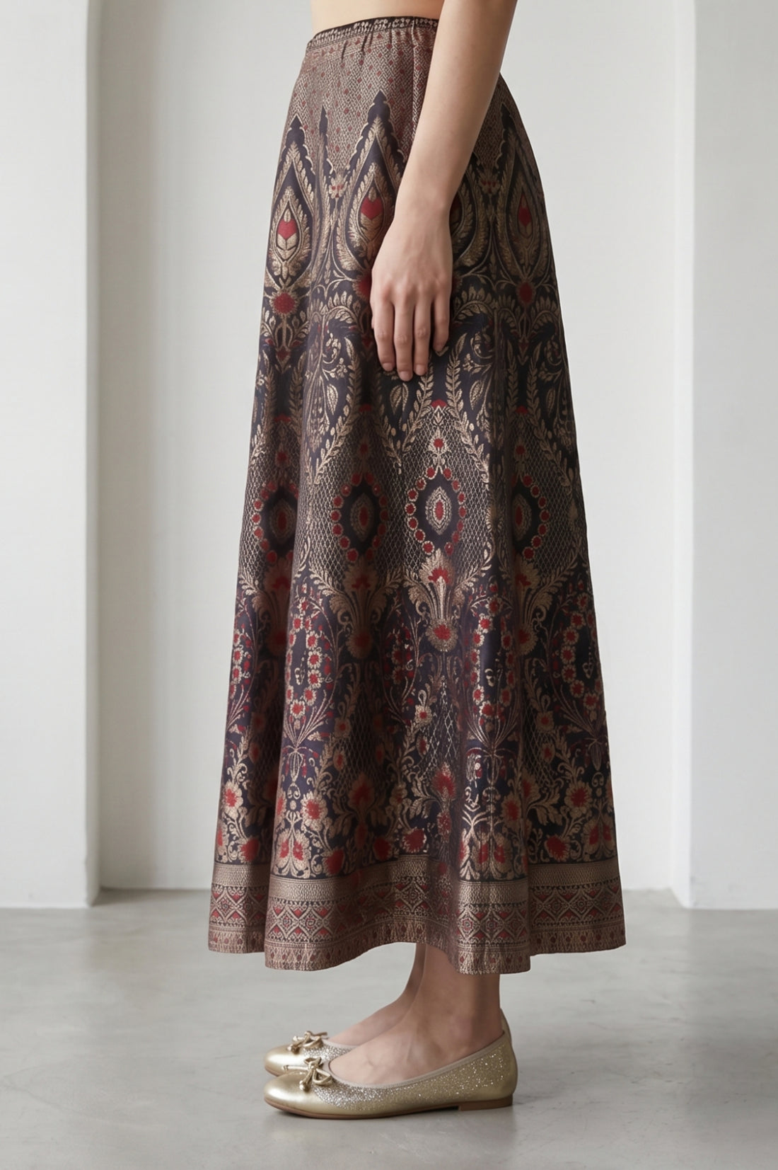 Black Jacquard Zari Flared Skirt