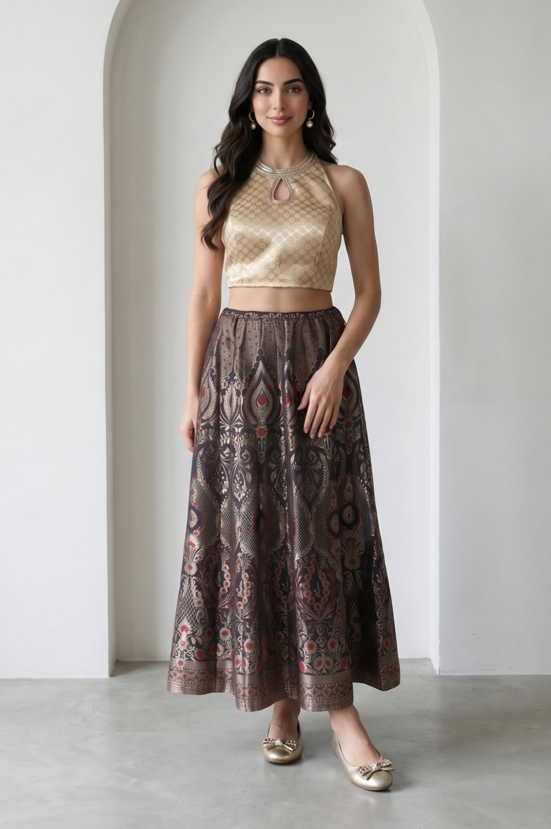 Black Jacquard Zari Flared Skirt