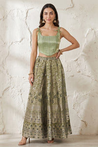 Olive Yarn Dyed Jacquard Flared Long Skirt