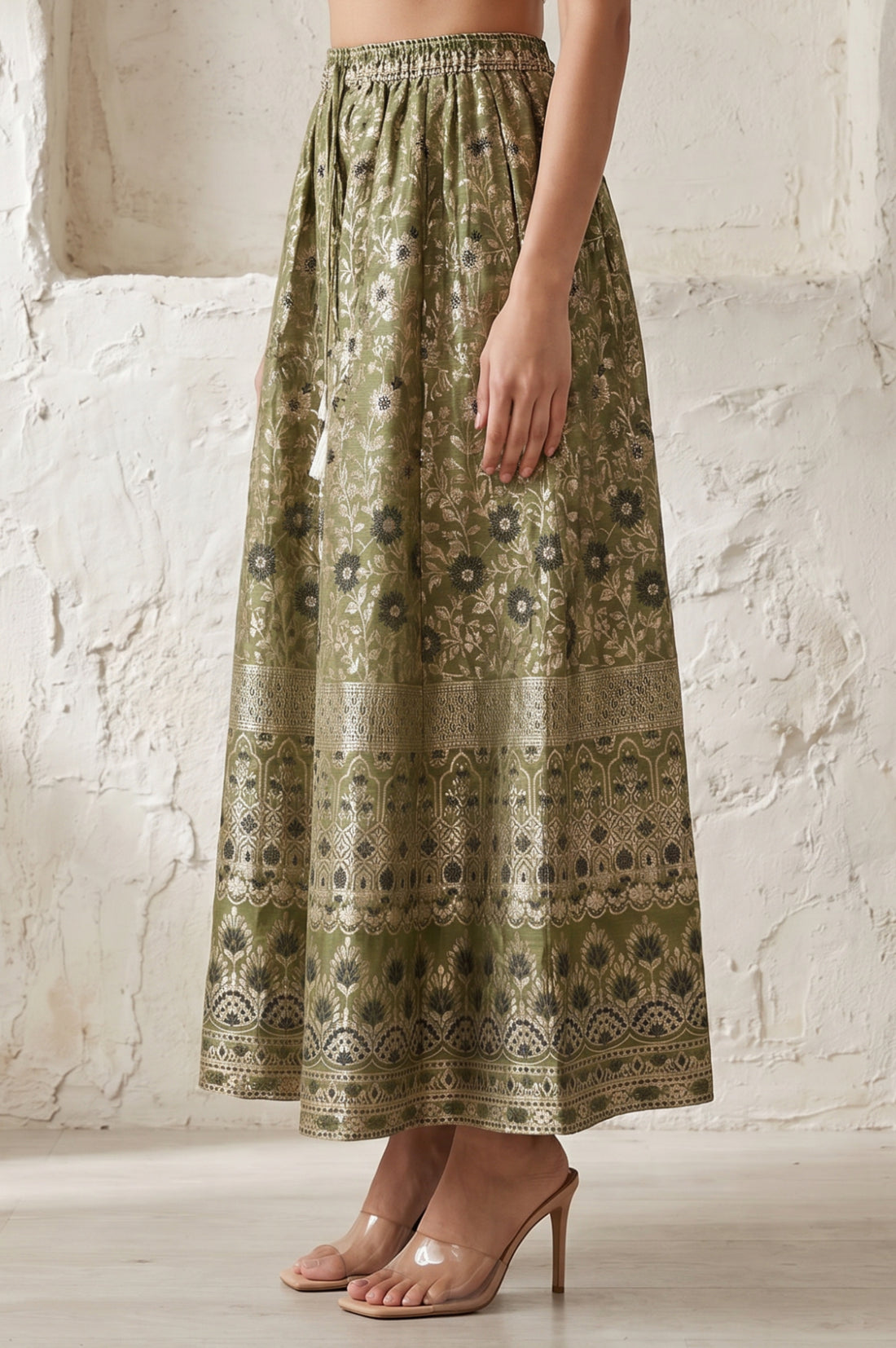 Olive Yarn Dyed Jacquard Flared Long Skirt