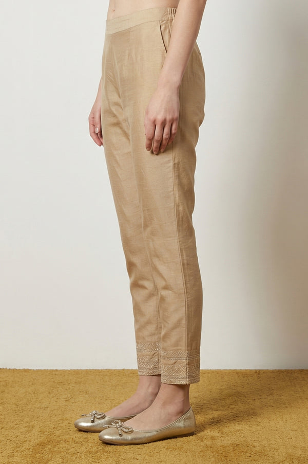 Elleven Women's Gold Embroidered Straight Fit Ankle Length Mid Rise Trousers