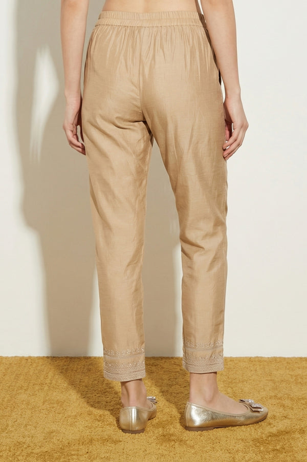 Elleven Women's Gold Embroidered Straight Fit Ankle Length Mid Rise Trousers