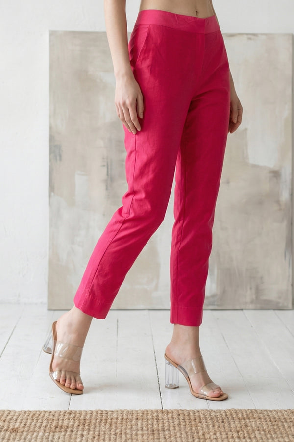Elleven Women's Pink Solid Chanderi Tapered Fit Ankle Length Trousers