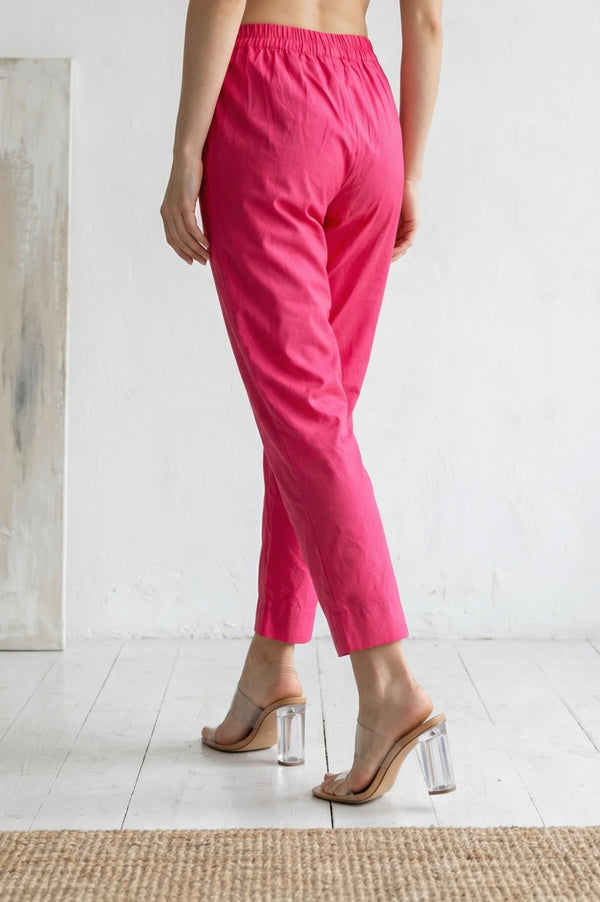 Elleven Women's Pink Solid Chanderi Tapered Fit Ankle Length Trousers
