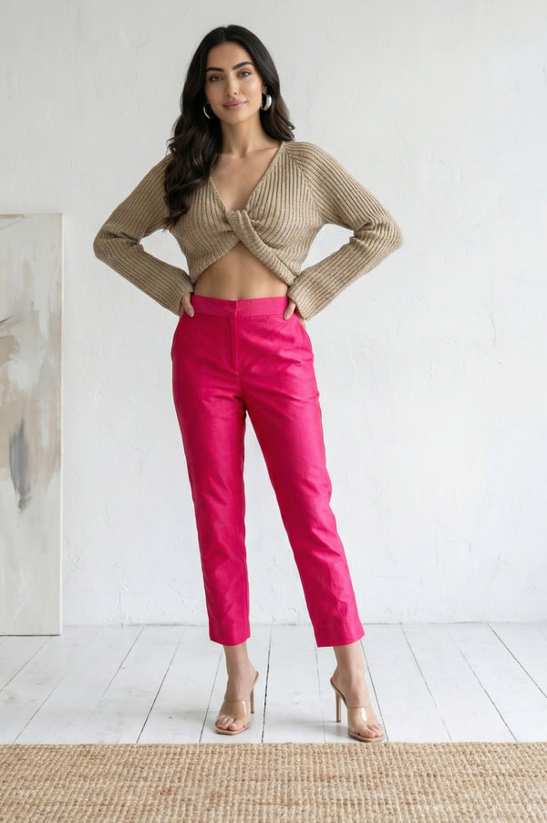 Elleven Women's Pink Solid Chanderi Tapered Fit Ankle Length Trousers