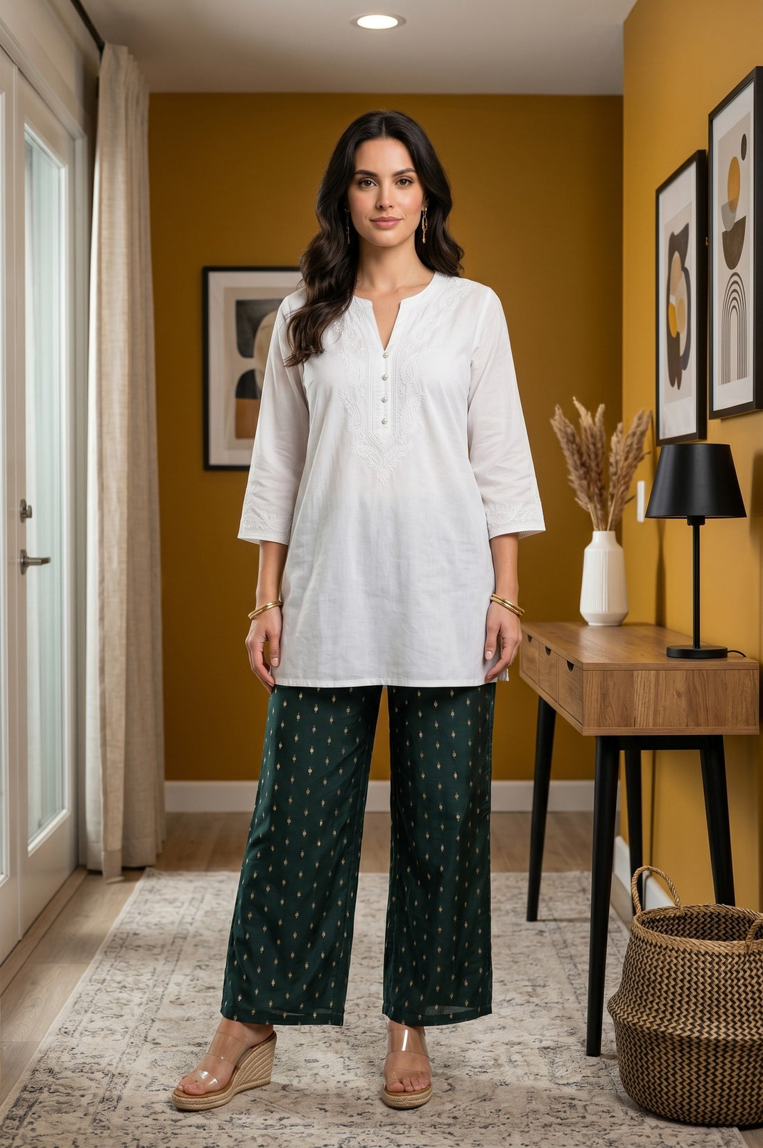 Green Ethnic Motifs Foil Printed Ankle Length Palazzo