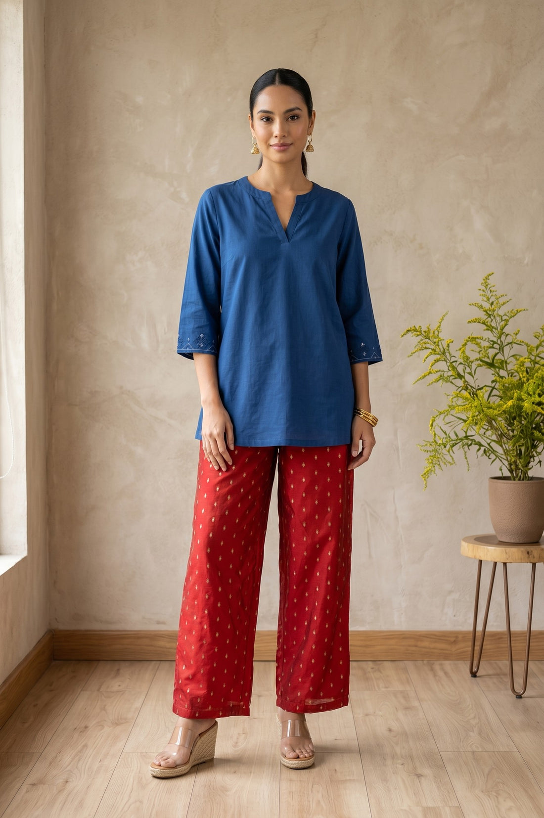 Red Ethnic Motifs Foil Printed Ankle Length Palazzo