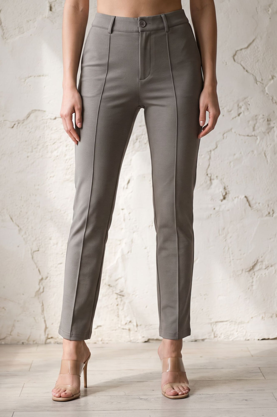 Grey Solid Buttons Slim Fit Ankle Length Mid Rise Work Pants