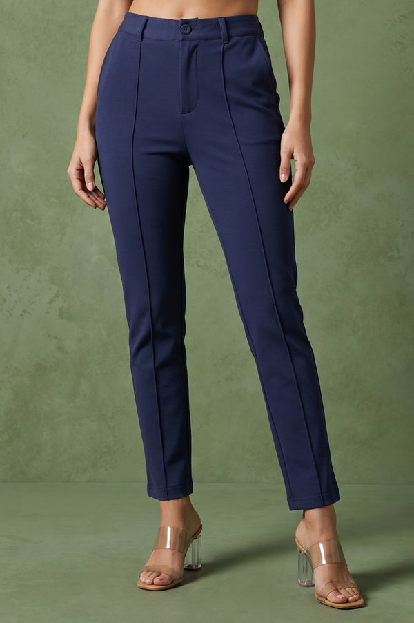 Navy Blue Slim Fit Ankle Length Pants