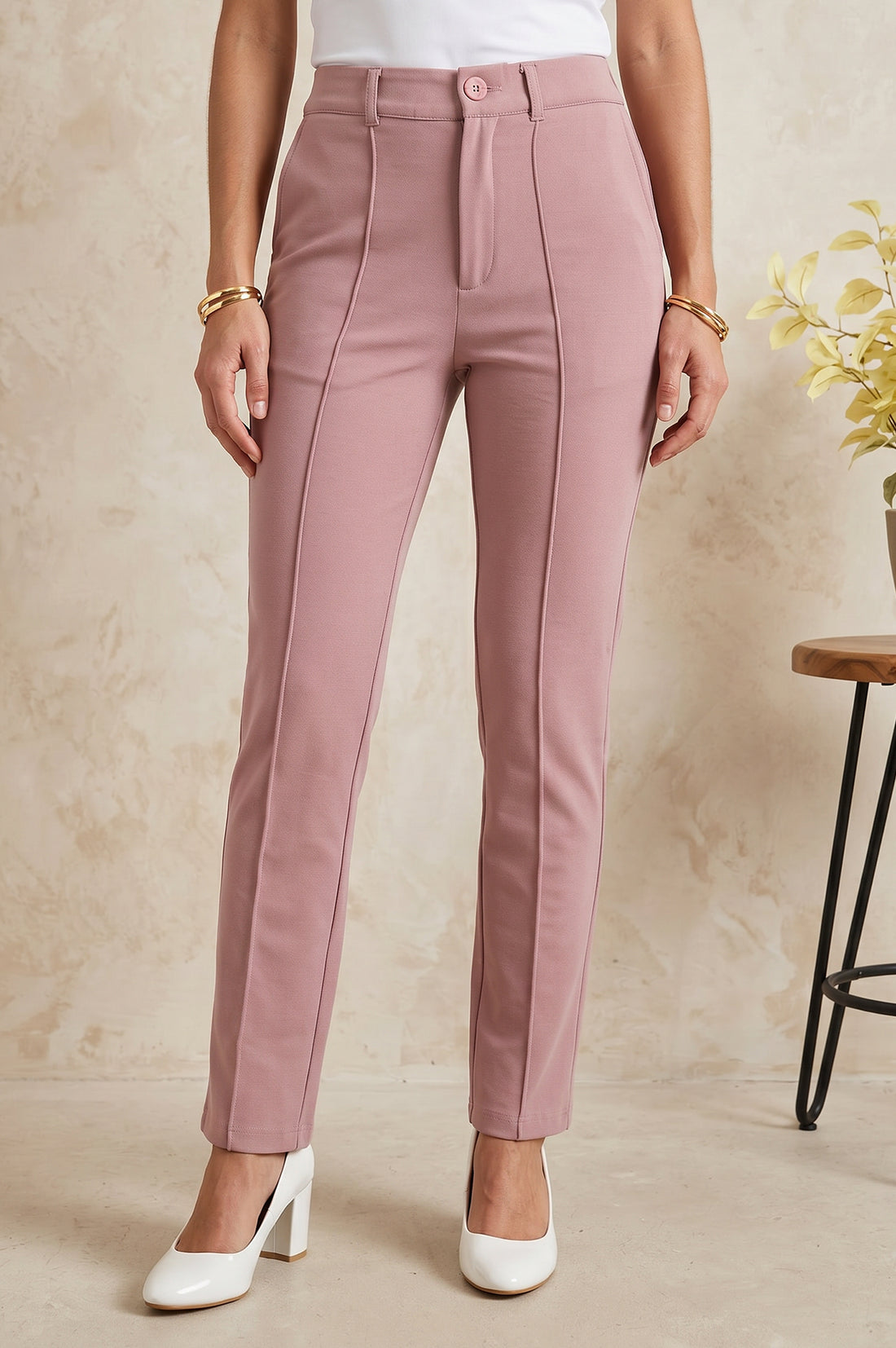 Mauve Slim Fit High Rise Ankle Length Pants