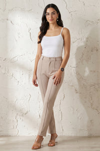Beige Slim Fit Ankle Length Mid Rise Pants