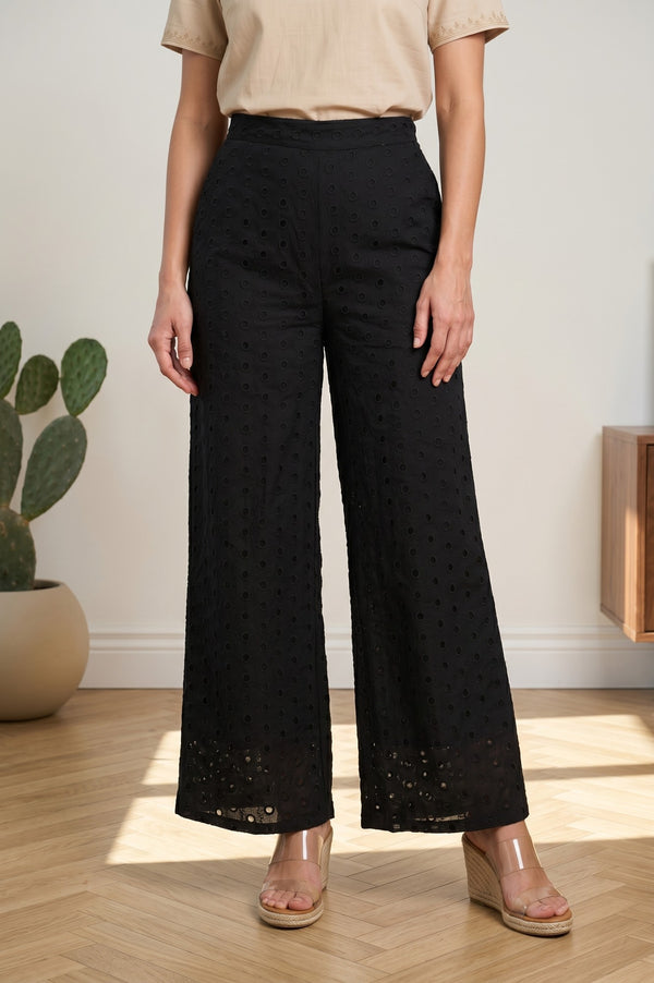 Black Pure Cotton Relaxed Fit Ankle Length Schiffli Palazzo