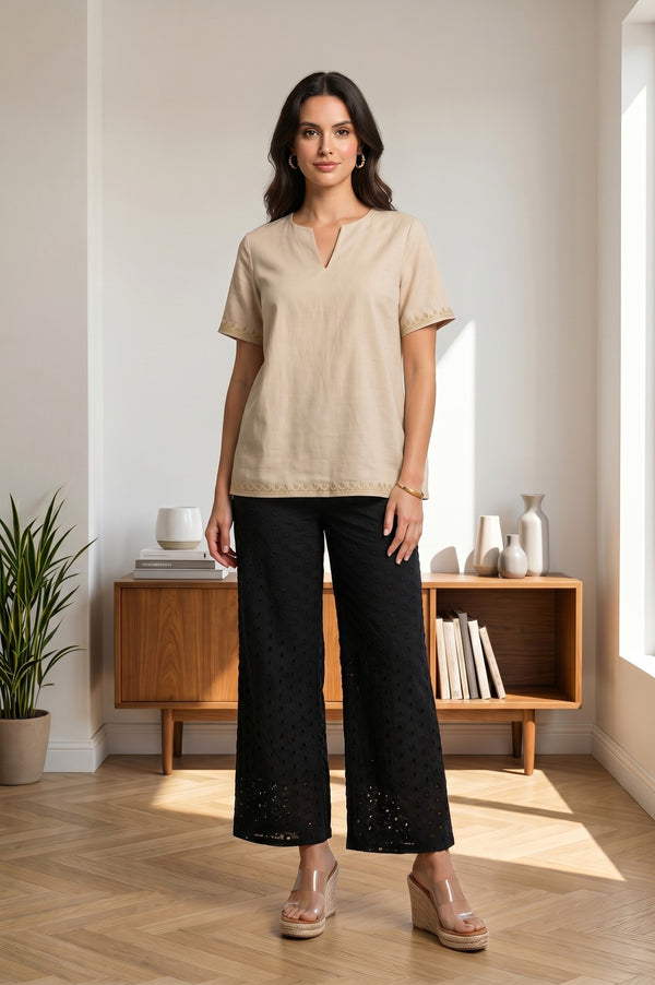Black Pure Cotton Relaxed Fit Ankle Length Schiffli Palazzo