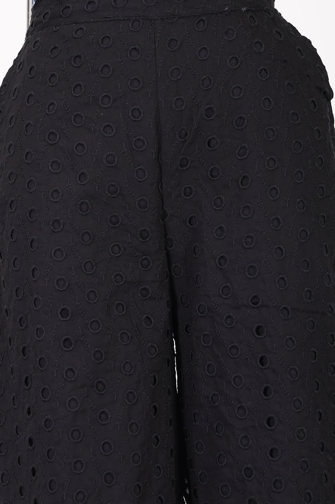 Black Pure Cotton Relaxed Fit Ankle Length Schiffli Palazzo