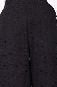 Black Pure Cotton Relaxed Fit Ankle Length Schiffli Palazzo